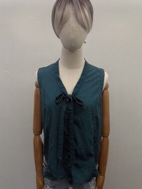 Chloe K Sleeveless Polka Dot Blouse Teal Pink Bow Tie Top Women’s Size S
